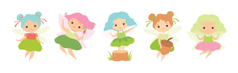 Cute Fairy Character in Pretty Dress with Wings Vector Set