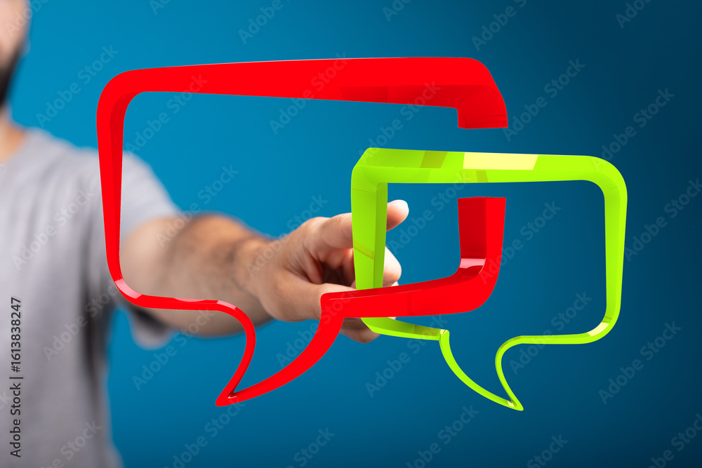 Poster abstract image of hand interacting with colorful speech bubbles. great for communication, dialogue, 