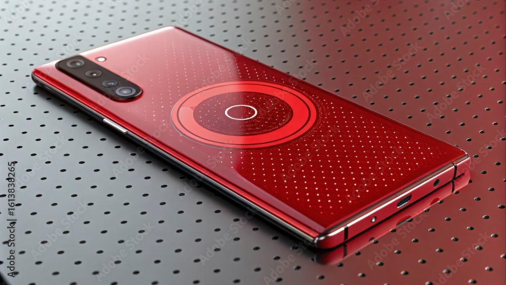 Poster a red smartphone with a wireless charging coil and camera array on a metal surface with holes