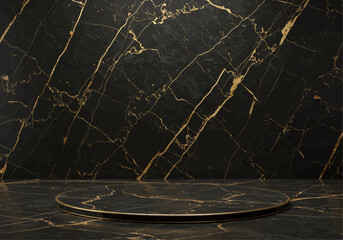 Elegant black marble podium with gold veining, perfect for product display or presentation.
