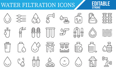Collection of Water Filtration, Droplets, and Plumbing Icons for Design Projects