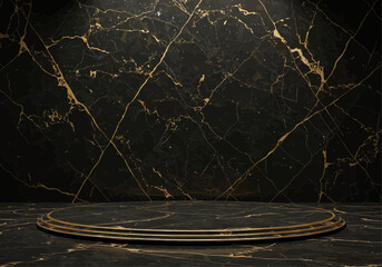 A black marble platform with gold veins sits against a matching marble backdrop, creating a luxurious, minimalist display space.