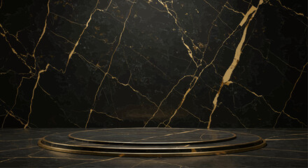 Dark marble podium with golden veins, elegant and modern display.