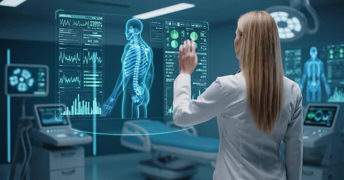 A doctor analyzing a human body X-Ray holographic screen display. The concept of futuristic medical diagnostics, advanced healthcare technology, and precision medicine. Generative AI.