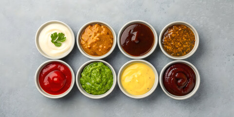 variety sauces small bowls gray stone background