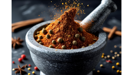 Mixed spice blend flying out of a mortar and pestle