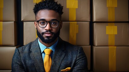 A focused businessman displays a professional demeanor  long title A well dressed businessman with glasses and a beard stands confidently conveying a