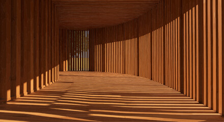 A light-filled, wooden architectural walkway, showcasing a perspective view of a corridor.