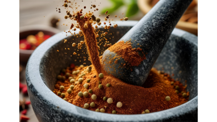 Mixed spice blend flying out of a mortar and pestle