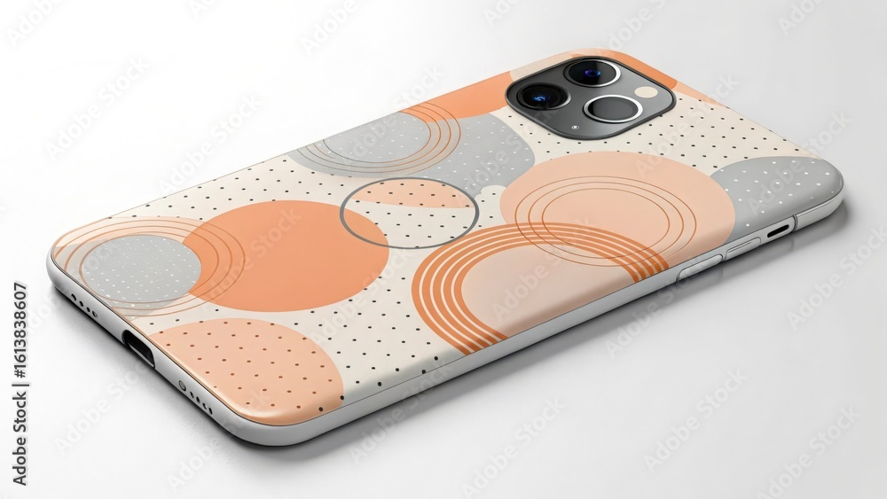 Poster close up of a phone case with a circle pattern in peach and gray on a white background surface