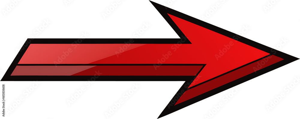 Poster a glossy red arrow with a black outline pointing to the right, isolated on a transparent background