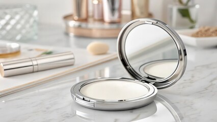 Close up of a silver compact mirror and other beauty products on a marble surface in a bathroom