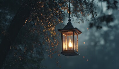Hanging lantern in a misty forest