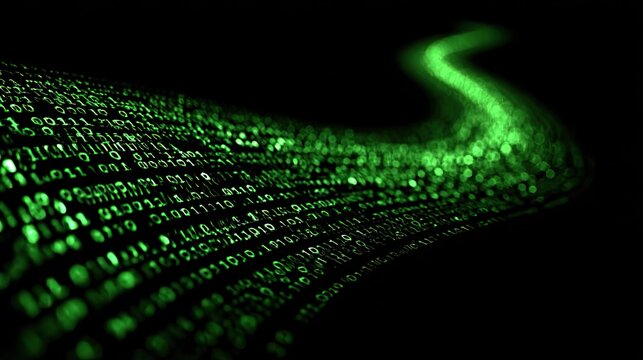 Abstract swirling stream of green binary code on black background