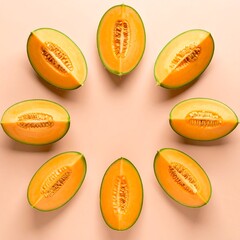 Cantaloupe slices arranged in circle on peach background
