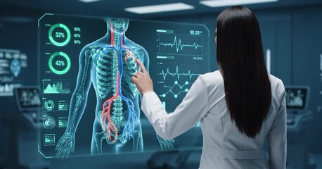 A doctor analyzing a human body X-Ray holographic screen display. The concept of futuristic medical diagnostics, advanced healthcare technology, and precision medicine. Generative AI. - Powered by Adobe