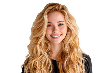 beautiful blonde with curly hair girl minimum makeup for advertising shampoo cosmetics