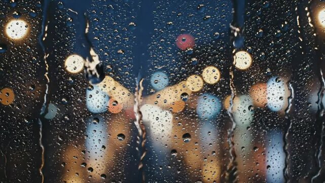 Rain on window with blurred city lights at night.

