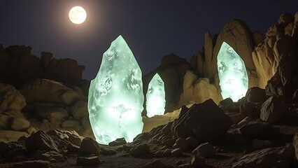Three glowing crystalline structures rise from rugged desert rocks under moonlight.