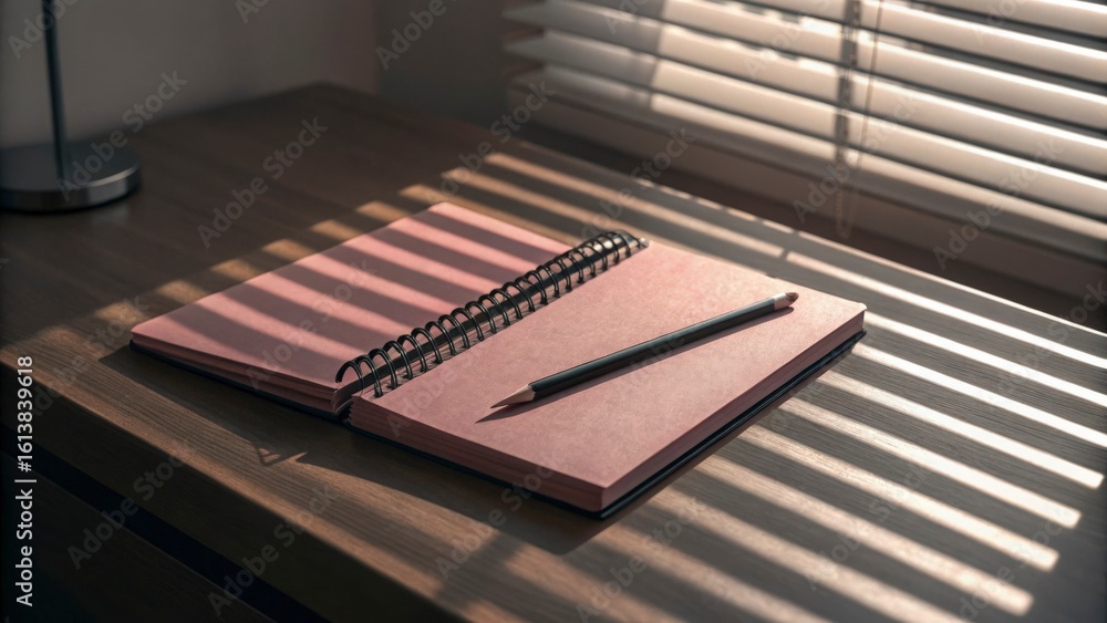 Poster a notebook and pencil on a desk with sunlight streaming through blinds creating shadows on the surfa