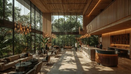 Modern Lobby Lounge with Floor-to-Ceiling Windows and Lush Greenery Views