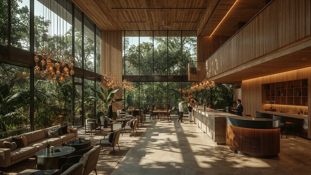 Modern Lobby Lounge with Floor-to-Ceiling Windows and Lush Greenery Views
