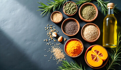 Assorted Organic Spices, Herbs, and Oil on Dark Background Top View of Cooking Ingredients