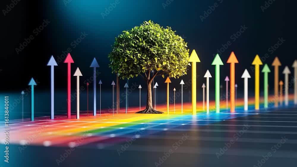 Poster Tree Growing with Rainbow Arrows on Dark Background Symbolizing Progress and Growth with a Dark Gradient Background and a Smooth Reflective Surface