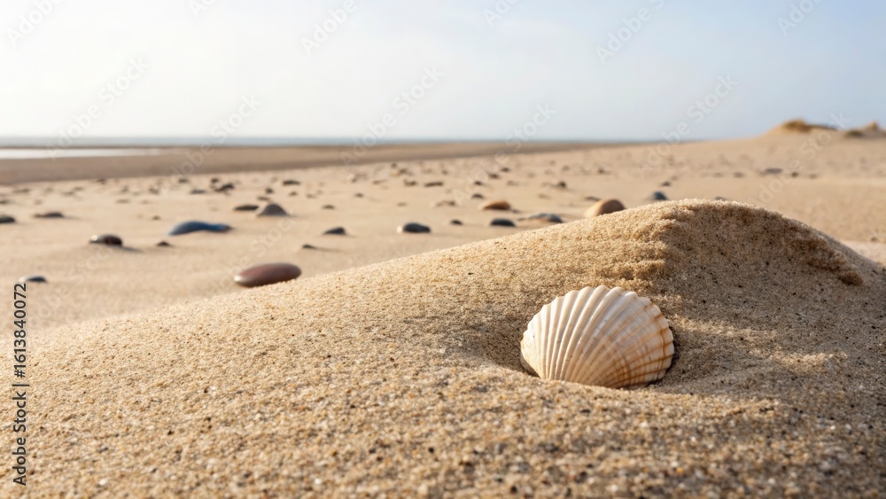 Poster a seashell nestled in the sand on a beach with pebbles and the ocean in the background on a sunny da