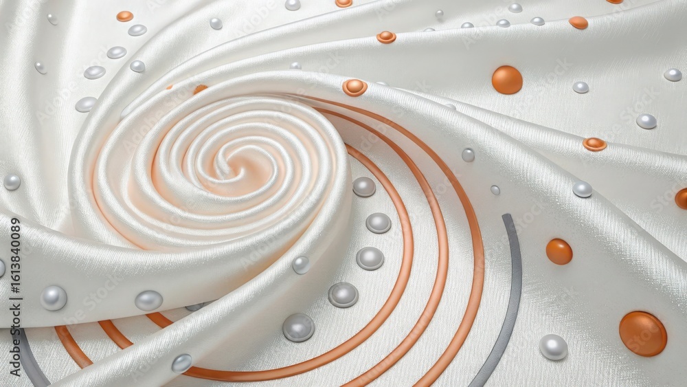 Poster a swirling white fabric with pearls and orange dots arranged in concentric circles pattern design