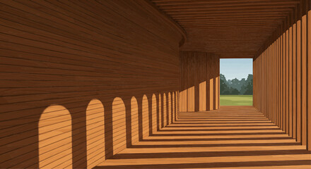 Wooden corridor leading to a sunlit landscape, showcasing architectural perspective and light play.