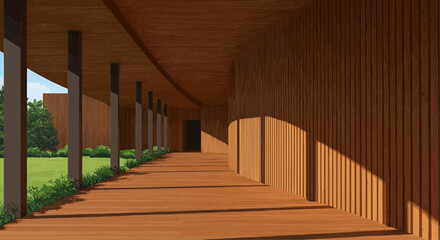 A long, wooden corridor with sunlight streaming through the columns.