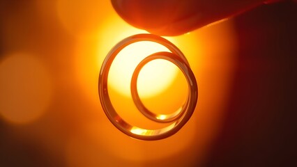 Two golden rings intertwined, symbolizing love and commitment with warm lighting.