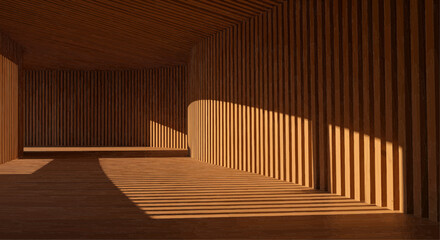 An empty, wood-paneled room with sunlight streaming through vertical slats, creating shadows on the floor and walls.