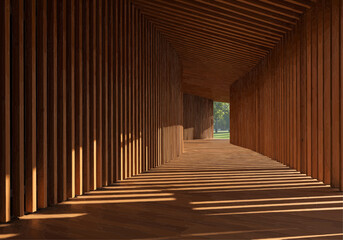 Wooden interior architectural design, a long hallway with a perspective view.
