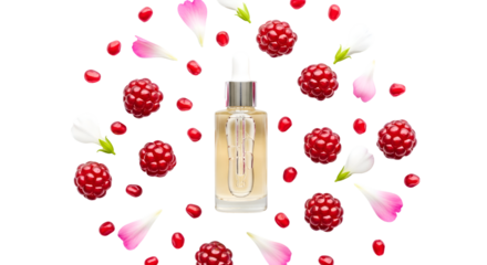 Serum Bottle Surrounded by Raspberries, Pomegranate Seeds, and Petals on Transparent Background