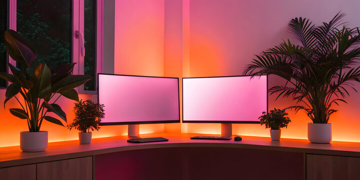 Pink orange lit workspace with monitor and green plants