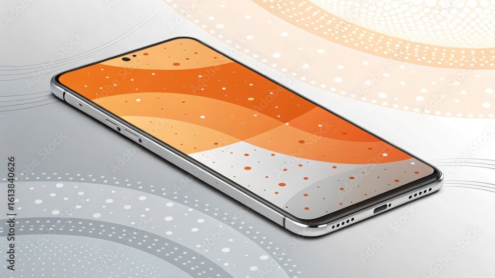 Poster a smartphone with an orange patterned screen displayed on a patterned surface at an angle view