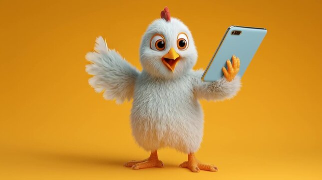 3d cartoon excited cute white broiler chicken wearing a backpack looking generative ai