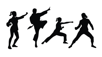 Women's Martial Artists Noir Vector Silhouette Set - Dynamic Combat Poses