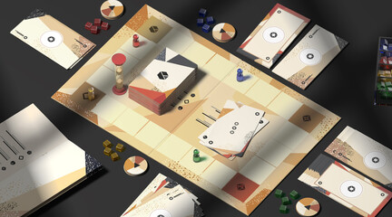 Colored board game field with chips, dice and cards mockup