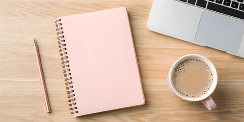Pastel pink notebook and mug on wooden workspace