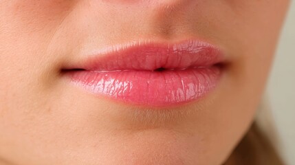 Naklejka premium Closeup of woman's parted lips with natural gloss and soft skin tones, emphasizing delicate textures and gentle ambient lighting for a fresh, intimate mood