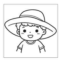Cute Cartoon Boy Wearing a Large Sun Hat, Coloring Page