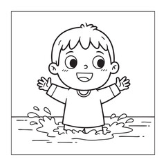 Happy Cartoon Boy Splashing in Water, Summer Fun Coloring Page

