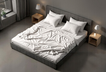 Double bed with white bedding in grey interior, ai generated