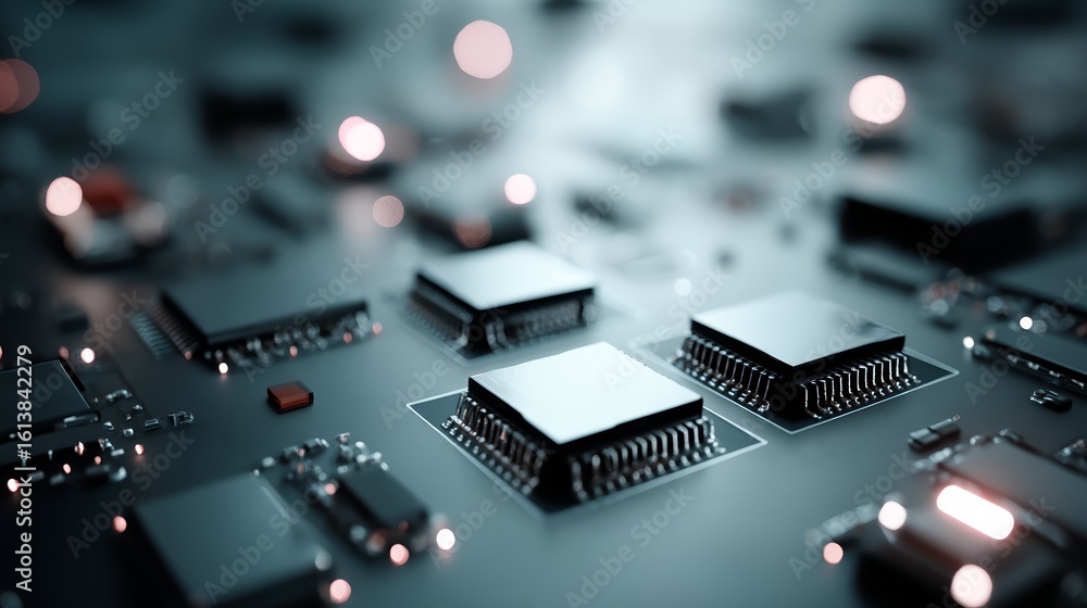 Poster extreme closeup of glowing microchips with flowing digital data streams on a futuristic circuit boar