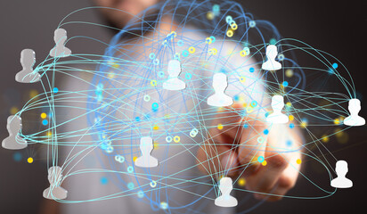 Image depicts a digital network of interconnected people, symbolizing global communication and...