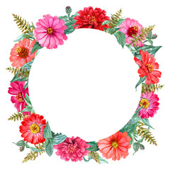 Hand-painted circle frame with copy-space and garden red flowers all around