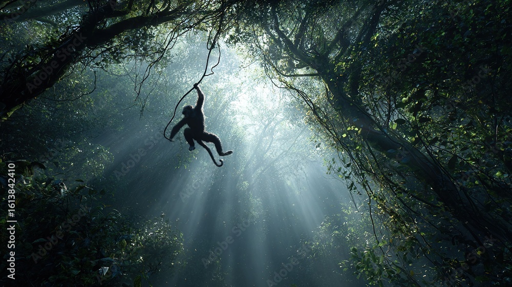 Poster a person dangles from a tree in a dense forest as beams of sunlight filter through the branches abov